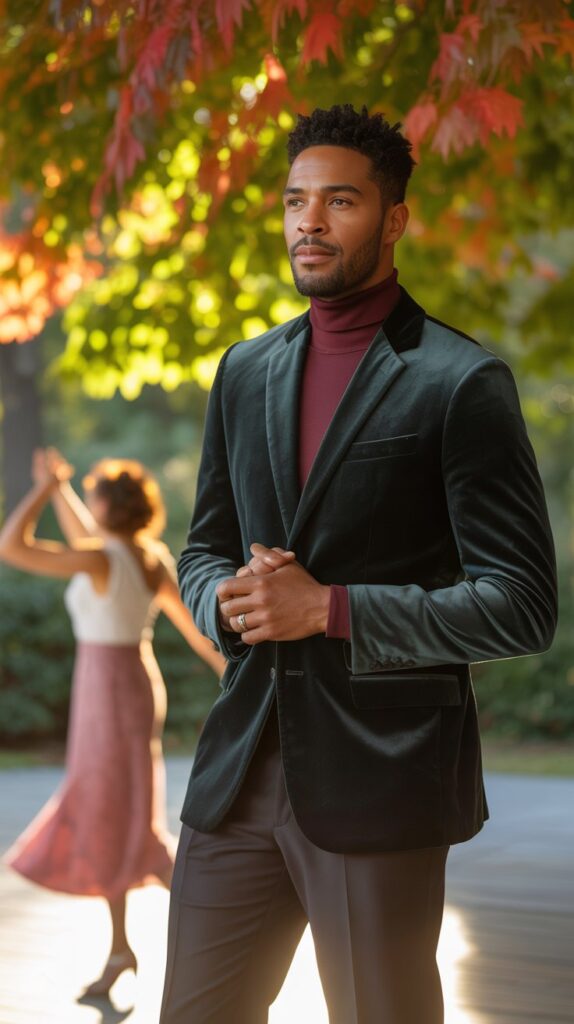 Tall Black man wearing a charcoal velvet blazer over a turtleneck at an outdoor fall wedding surrounded by amber leaves.