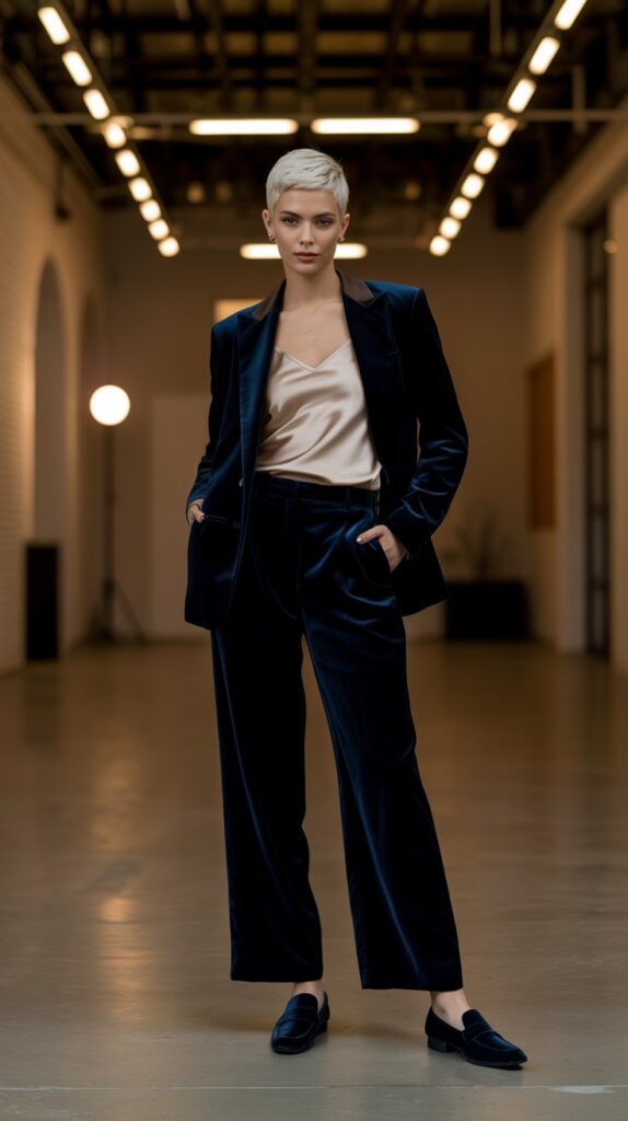 White woman with platinum pixie cut in navy velvet tailored suit posing confidently at modern wedding venue.