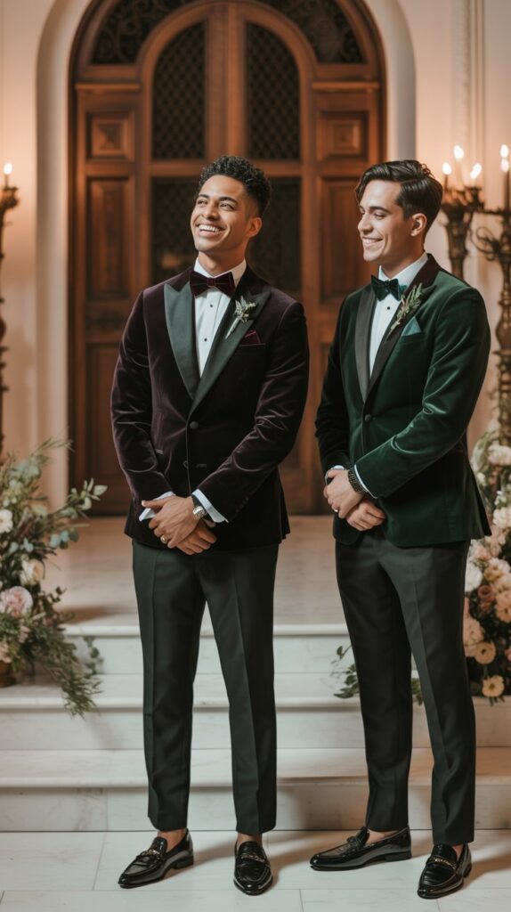 Groom in plum velvet bow tie with matching loafers, standing at altar. Best man wears forest green velvet tie/pocket square.