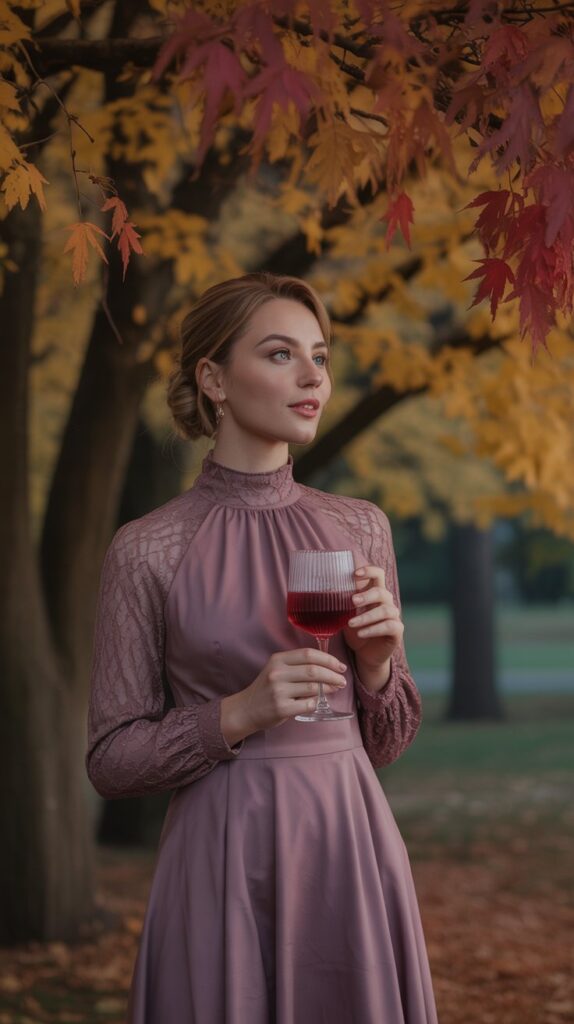 Woman with pale skin in a mauve dress under golden autumn trees at a vineyard-style wedding.