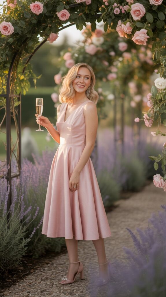 Pale-skinned woman in rose pink dress at an elegant garden wedding with soft lighting and floral surroundings.