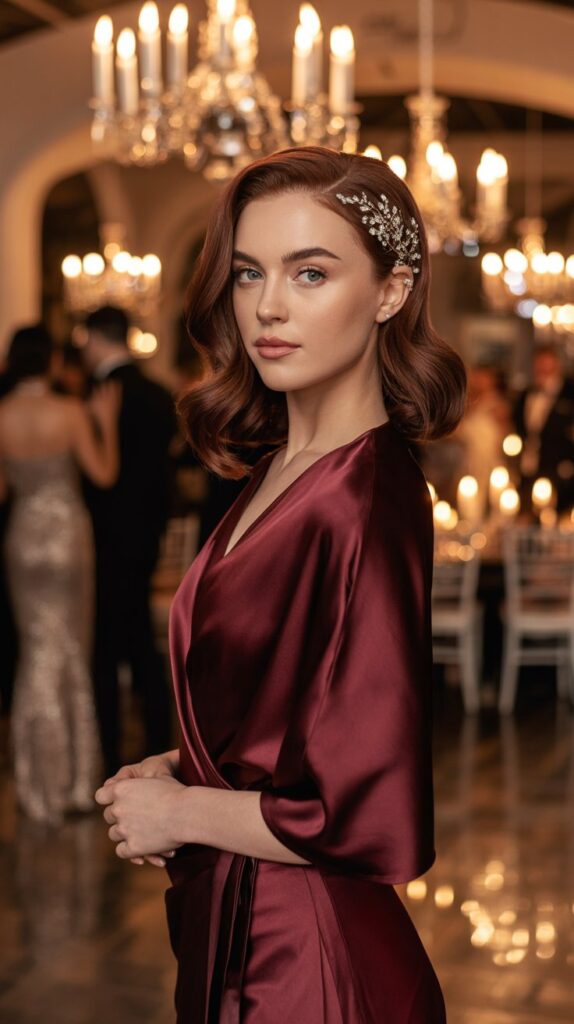 Fair-skinned woman in burgundy satin dress at an evening wedding with candlelight and chandeliers.