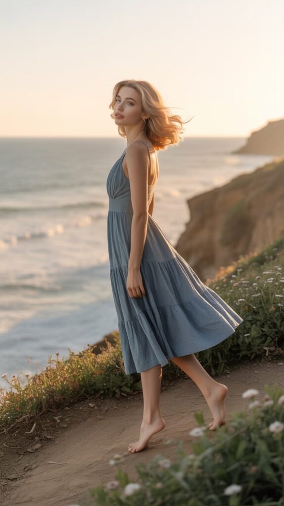 Pale-skinned woman in a dusty blue dress at a coastal wedding with ocean backdrop and soft sea breeze.