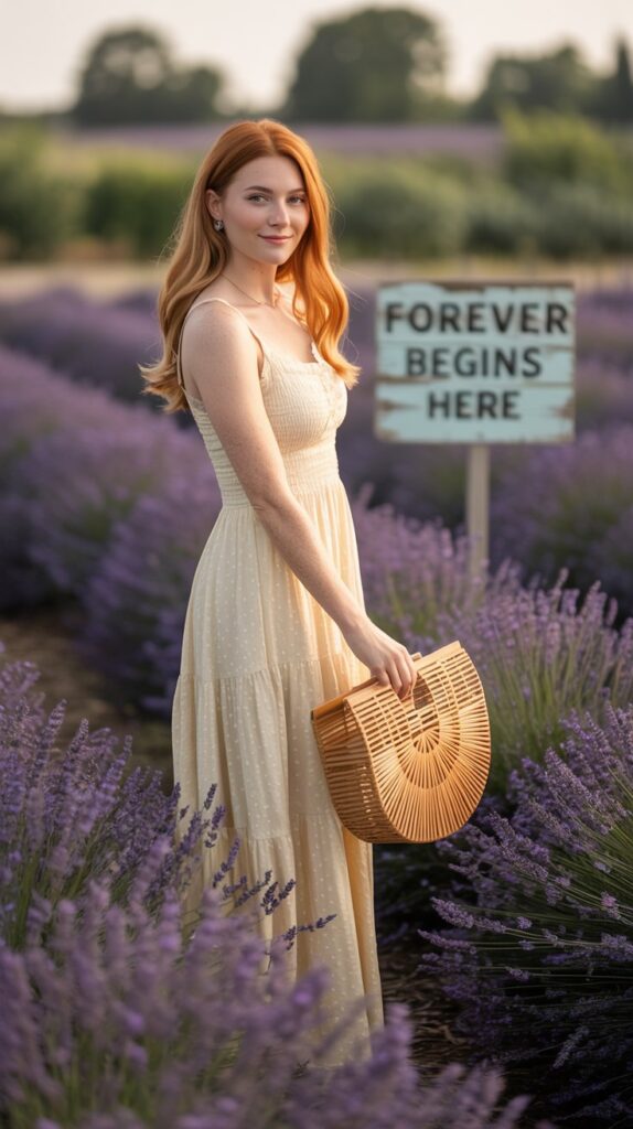  Pale-skinned woman in soft yellow maxi dress walking through lavender fields at a countryside wedding.