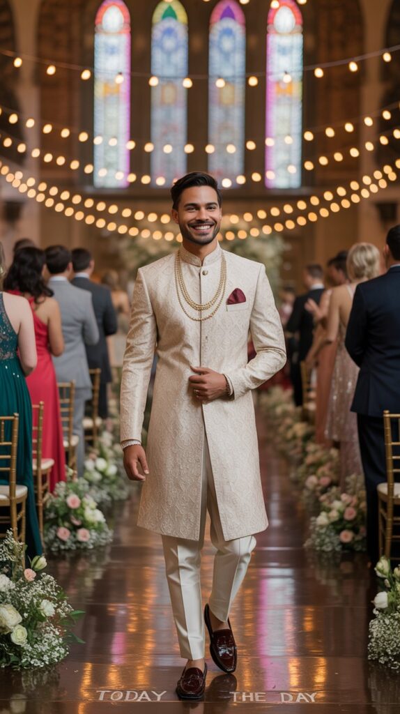 Gold embroidered sherwani groom outfit, vibrant multicultural celebration, lush florals and bold color.