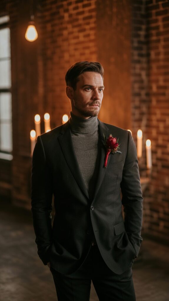 Black suit with gray turtleneck groom, candlelight loft venue, moody lighting, modern city wedding.