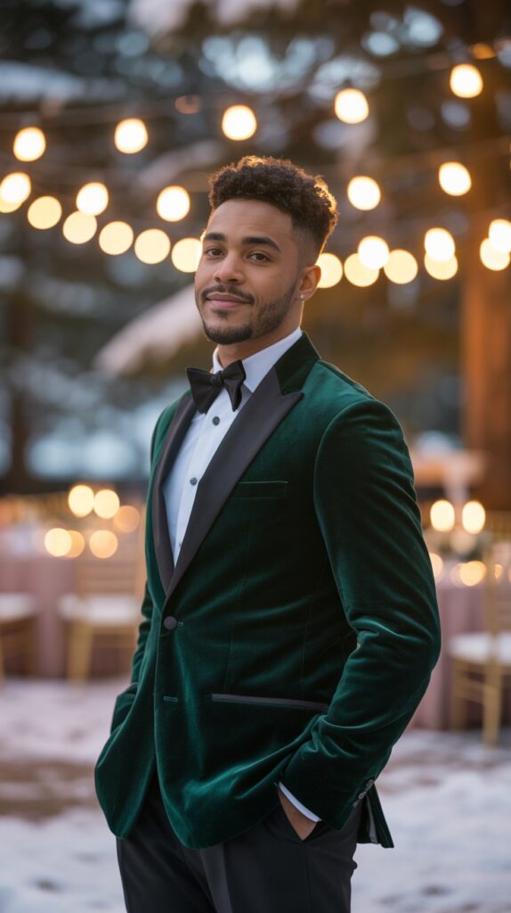 Emerald velvet groom blazer paired with black pants, photographed at dusk under string lights, romantic winter wedding setting, confident pose.