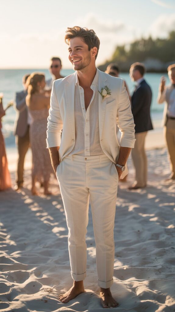 All-white groom suit on a tropical beach at sunset, barefoot, natural light.