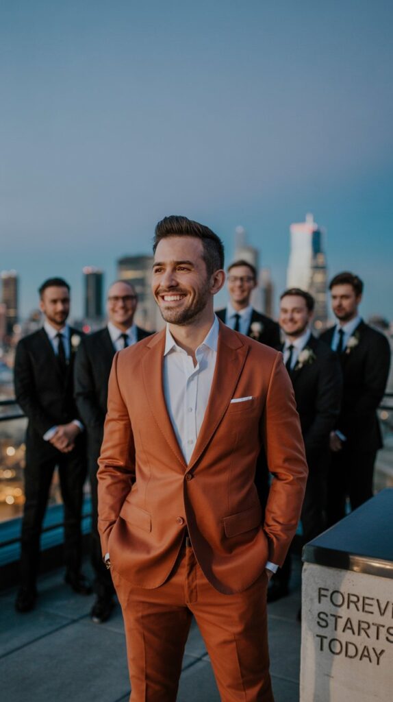 Terracotta suit groom in urban rooftop setting, minimal decor, modern fall wedding 