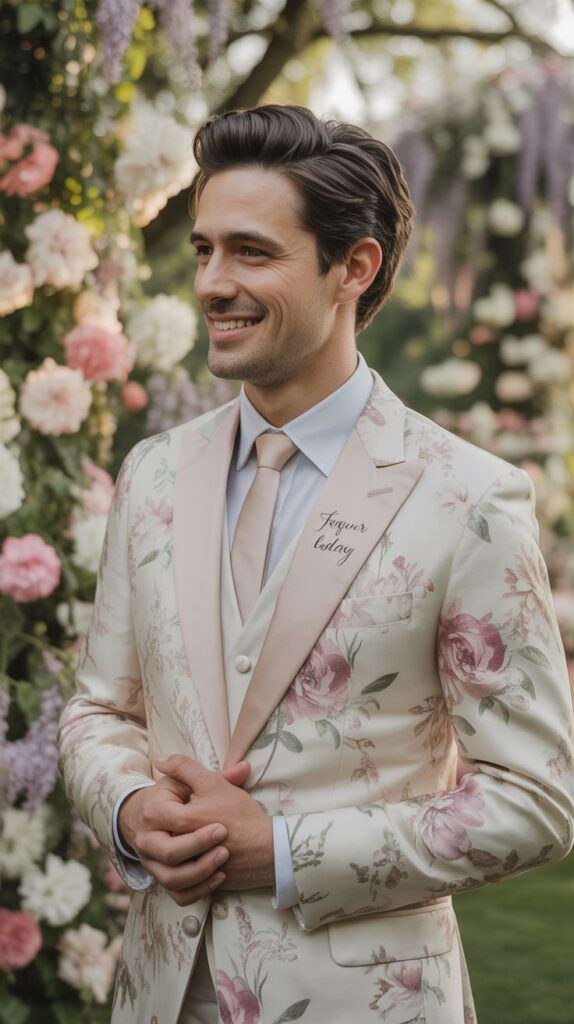 Cream floral groom suit with pink accents, standing in a lush garden wedding ceremony, spring aesthetic.