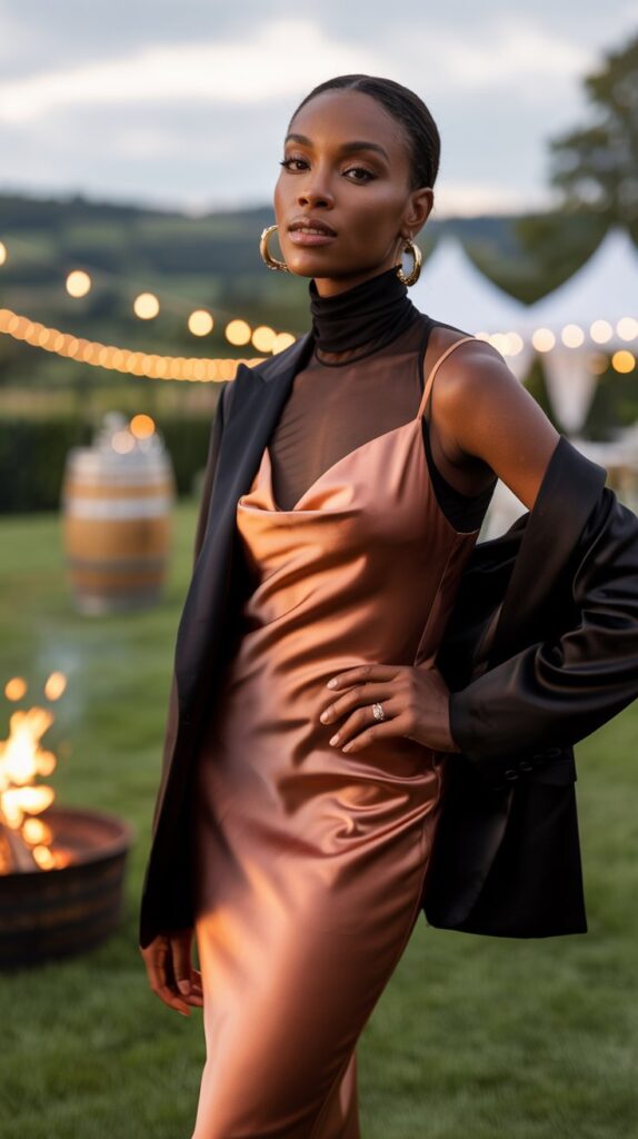 Woman wearing a sheer turtleneck under a copper satin dress at a countryside fall wedding with rustic accents.