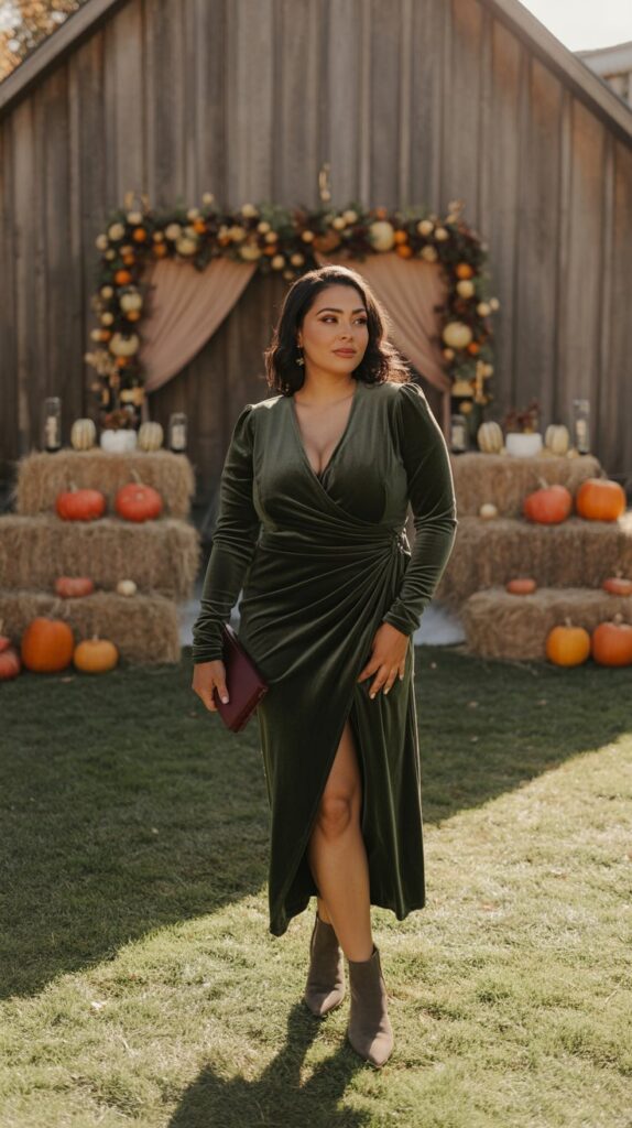 Curvy Latina woman in a burgundy velvet wrap dress with boots, posing at a rustic barn wedding with autumn décor.