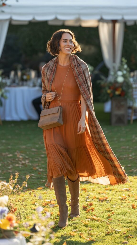 Woman in a burnt orange dress and taupe knee-high boots walking through leaves at a fall outdoor wedding.