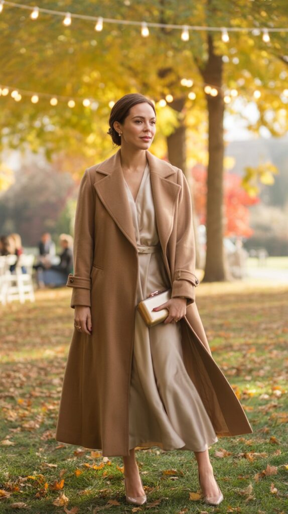 Woman wearing a camel wool belted coat over a silk dress at an outdoor fall wedding, surrounded by autumn leaves and string lights.