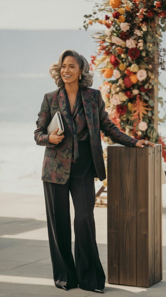 Woman in a floral brocade blazer at a fall outdoor wedding, standing by a wooden floral arch.