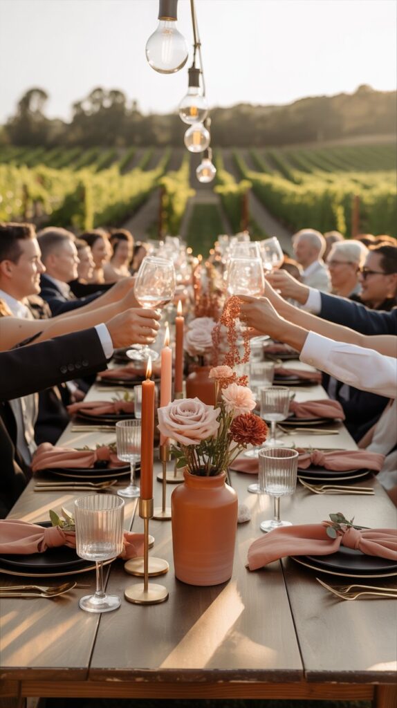 Terracotta-inspired fall wedding centerpiece with taper candles, minimalist flowers, and warm sunset colors.