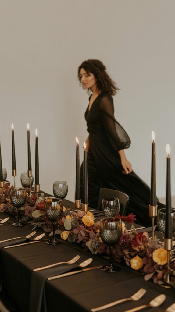 Moody fall wedding centerpiece with black linens, jewel-toned flowers, smoky glass, and candlelight.