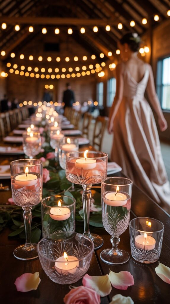 Fall wedding centerpiece idea with floating candles in vintage glassware, rose petals, and romantic candlelight.