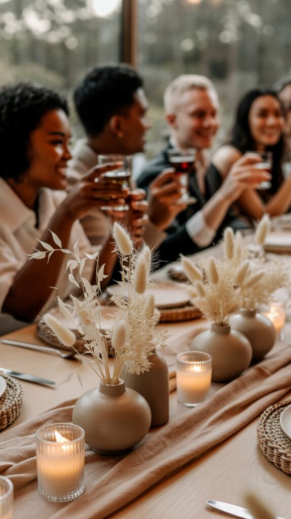 Modern fall wedding centerpiece with dried pampas, neutral florals, ceramic vases, and soft candlelight.
