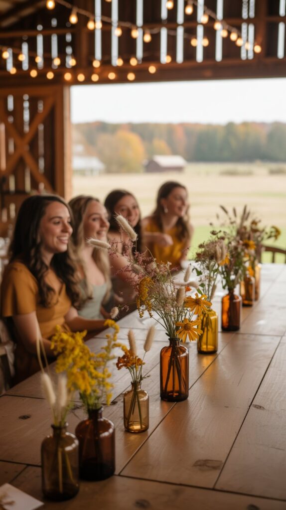 Fall wedding centerpiece using amber bottles and wildflowers on a rustic barn table with golden natural light.