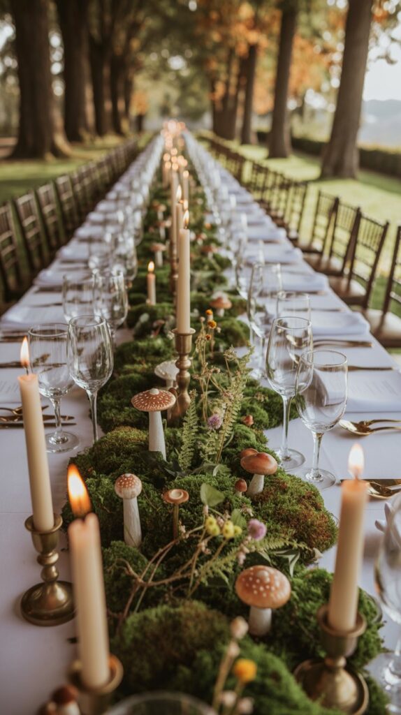 Woodland-themed fall wedding table with moss runner, faux mushrooms, wildflowers, and whimsical candlelight.