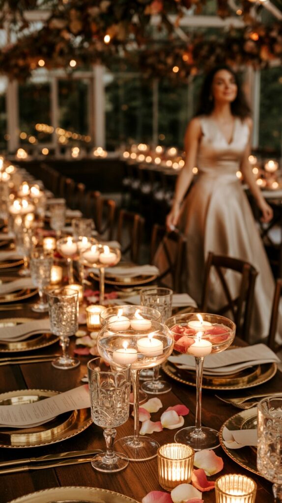Fall wedding centerpiece idea with floating candles in vintage glassware, rose petals, and romantic candlelight.