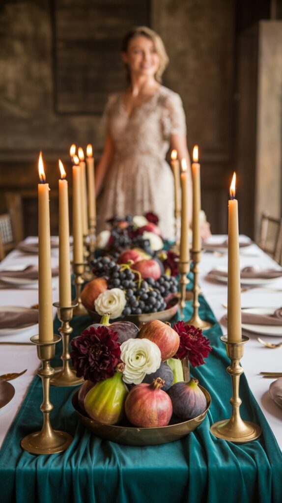 Fall wedding centerpiece with emerald velvet runner, antique brass candle holders, jewel-toned fruit, and moody florals at a vineyard reception.