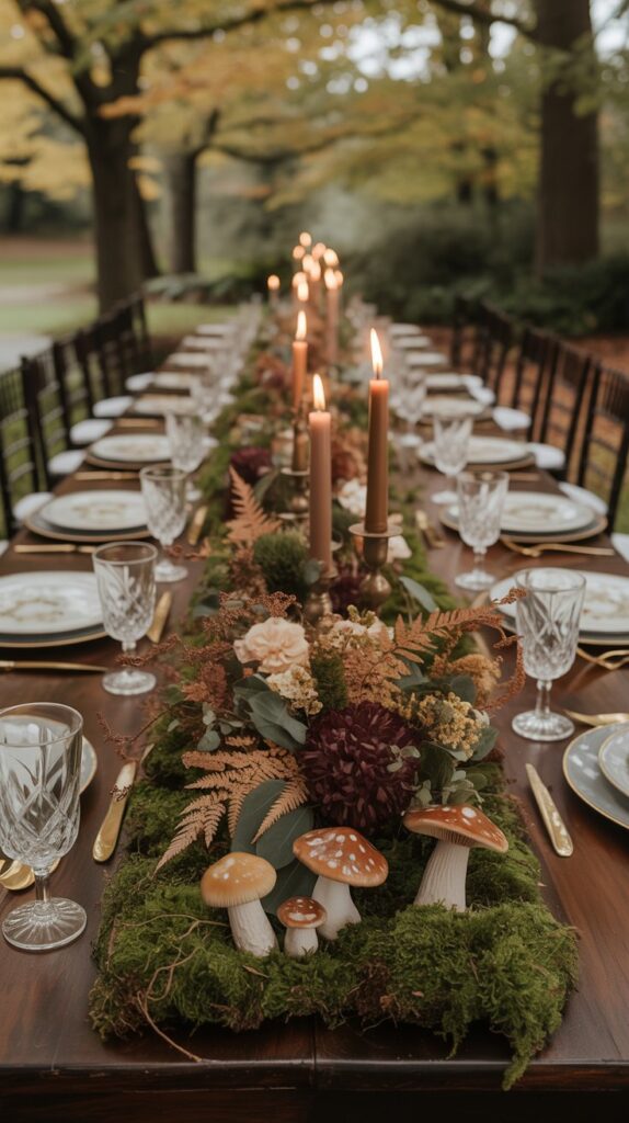 Woodland-themed fall wedding table with moss runner, faux mushrooms, wildflowers, and whimsical candlelight.