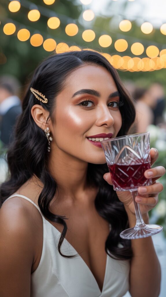 Guest with fall-inspired makeup and hair, holding wine glass at sunset wedding.
