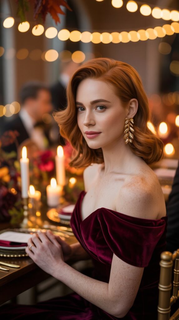 Guest in velvet gown at a warmly lit reception.