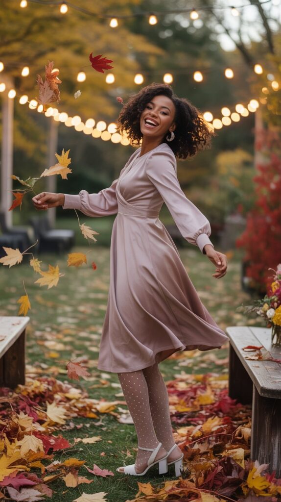 Woman in tights and heels twirling at an outdoor fall wedding.