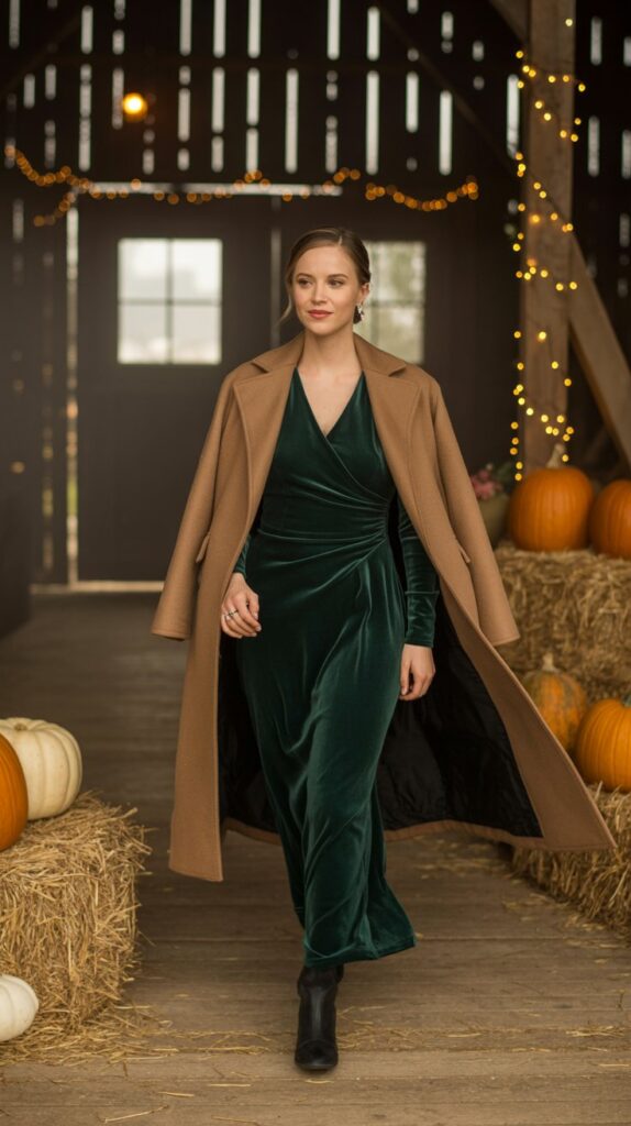 Guest in green velvet dress and wool coat entering cozy barn venue.