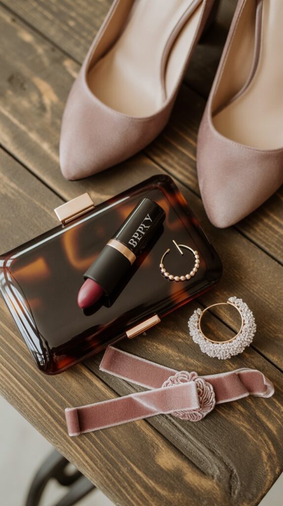 Flat lay of gold earrings, tortoiseshell clutch, suede heels, velvet hair clip, and berry lipstick.