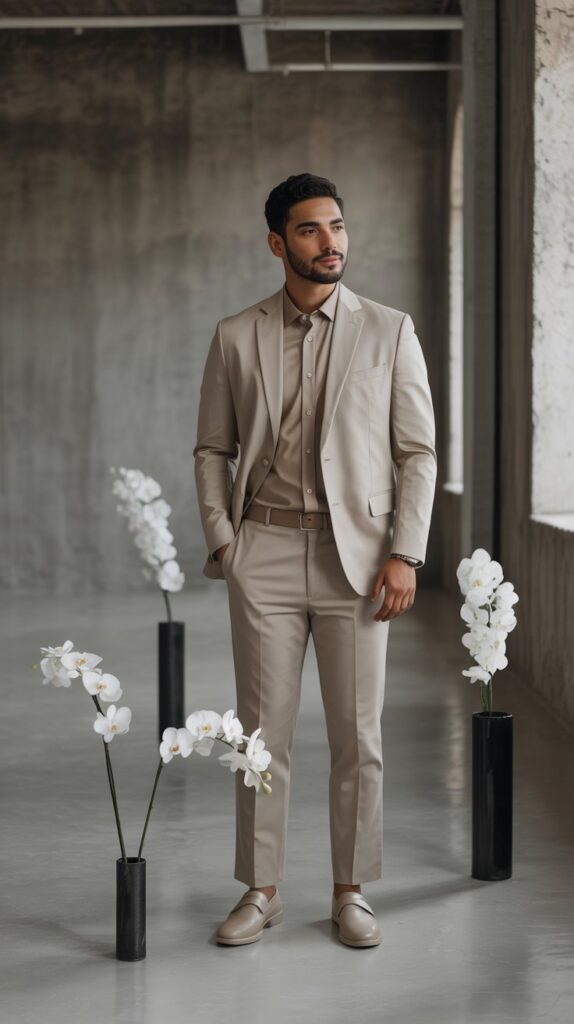 groom in beige monochrome suit inside a modern industrial wedding venue with minimalist details