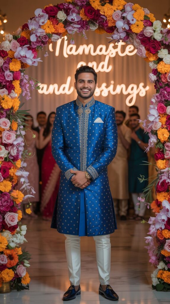 South Asian groom in embroidered royal blue sherwani at a colorful multicultural wedding ceremony.