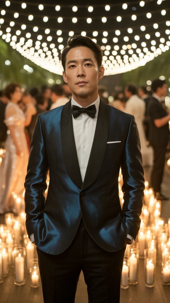 East Asian groom in midnight blue tuxedo at an evening wedding with string lights and a candlelit backdrop