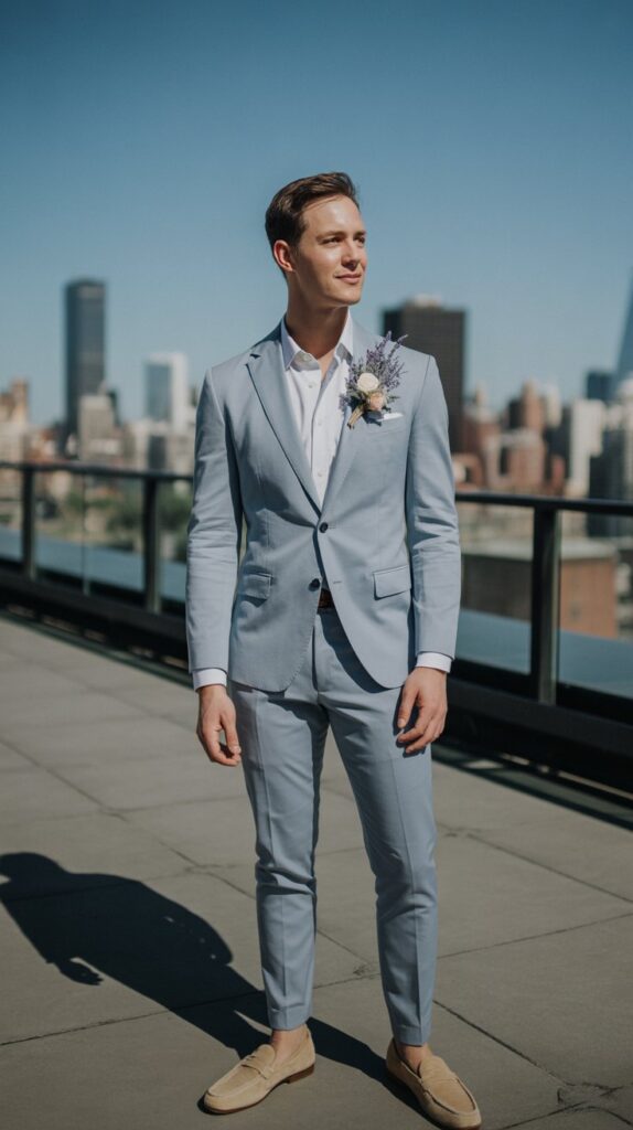 Groom in light grey suit with no tie on a rooftop wedding venue with tan shoes and city backdrop.