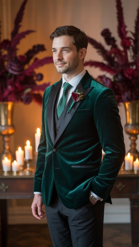 groom in emerald velvet jacket at a moody indoor wedding with candles and jewel toned florals