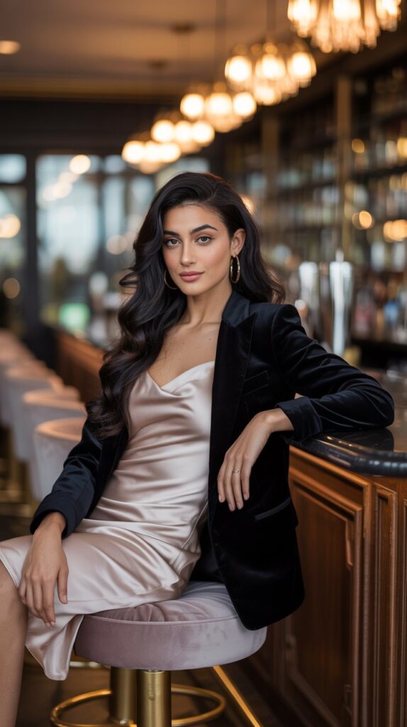 Middle Eastern woman in blush satin dress with black velvet blazer at elegant wedding bar lounge.