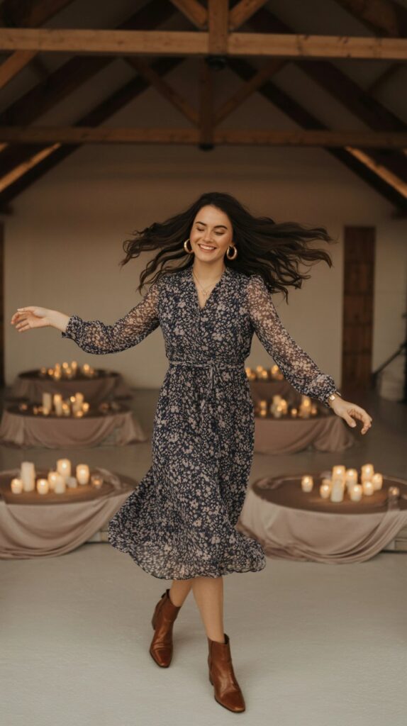 woman in navy floral midi dress and boots at lodge-style winter wedding.