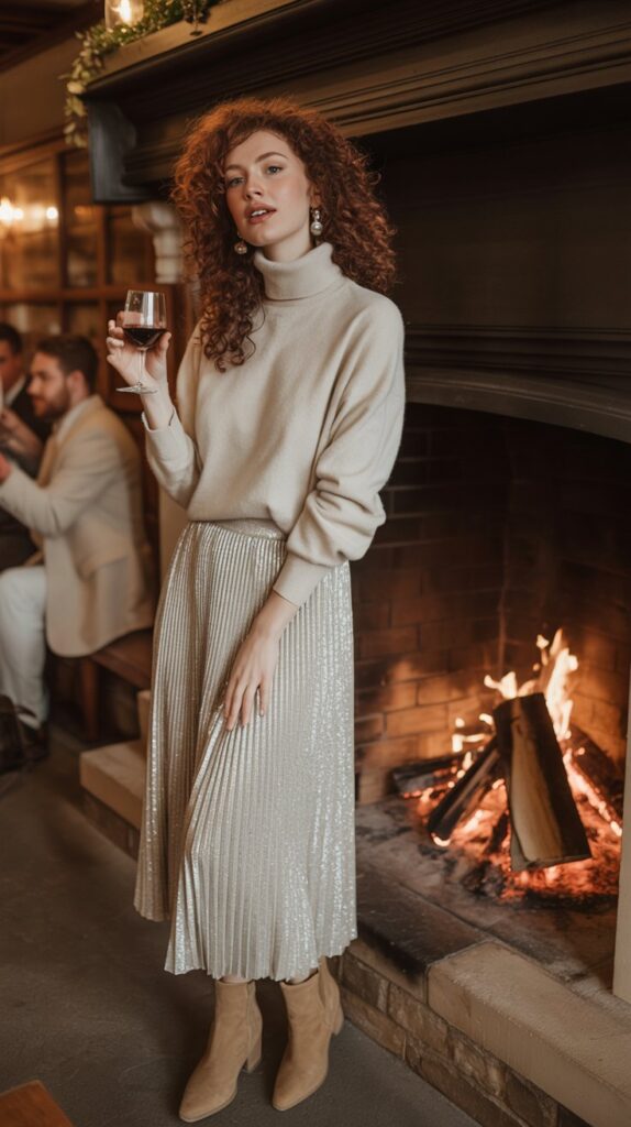  woman in silver pleated skirt and cream sweater near a fireplace at a rustic winter wedding.