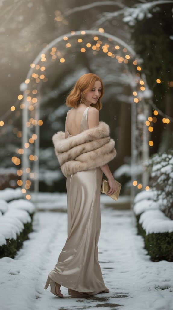 Strawberry blonde woman in champagne satin gown with faux fur wrap at a snow-dusted winter garden wedding.