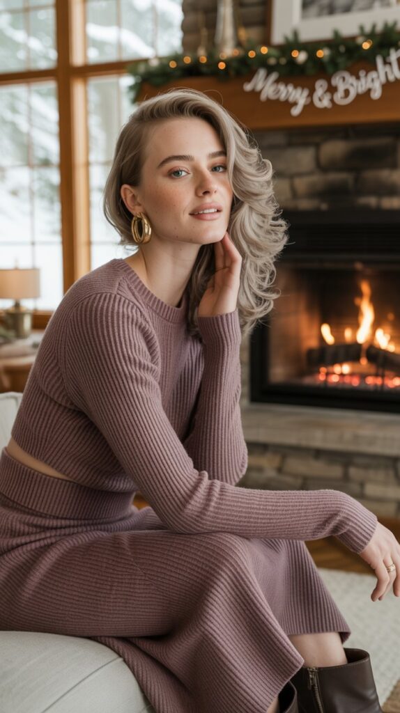  woman in wine ribbed knit two-piece set by the fireplace at mountain lodge winter wedding.
