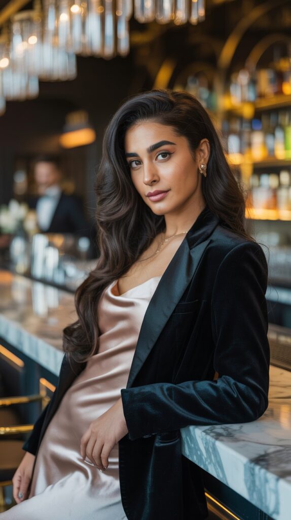 Middle Eastern woman in blush satin dress with black velvet blazer at elegant wedding bar lounge.