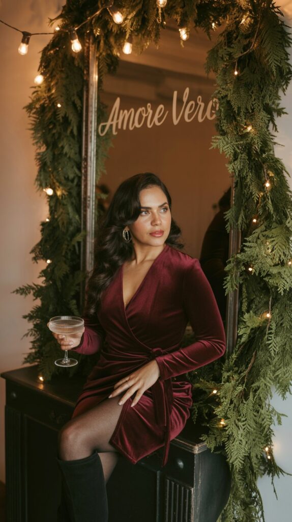 Latina woman in burgundy velvet wrap dress and boots at a cozy indoor winter wedding cocktail hour.