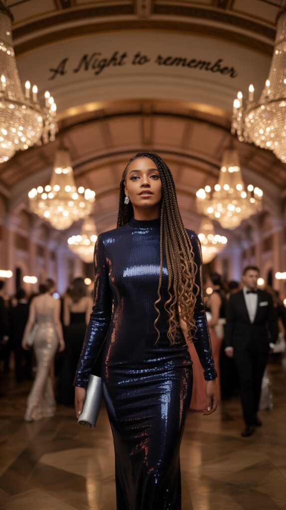 Black woman in navy sequin gown walking under chandeliers at formal ballroom winter wedding.