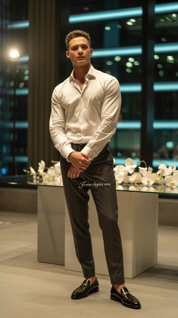 Man in a crisp white shirt with tailored trousers and smart loafers in an urban wedding setting with modern decor.
