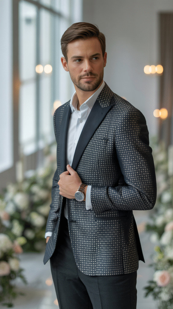 Man in a patterned blazer with dark trousers inside a modern wedding venue, exuding a stylish and bold appearance
