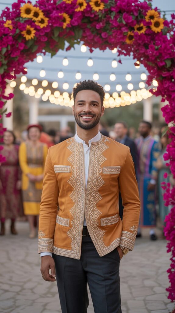 Man in a culturally inspired patterned jacket and tailored trousers at a vibrant multicultural wedding with a floral arch.