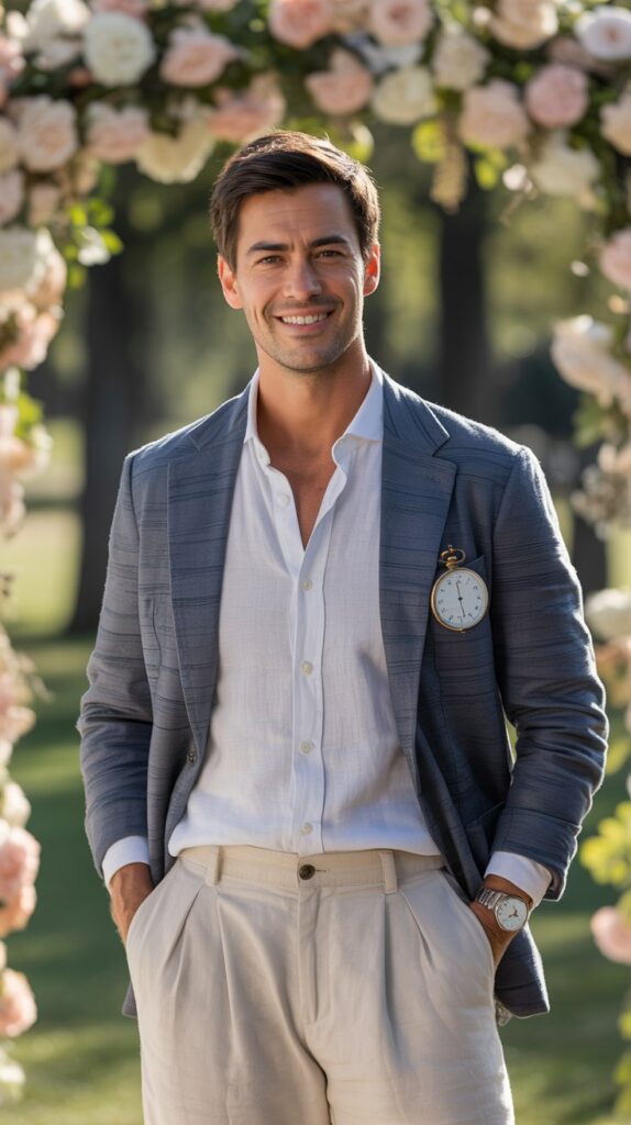 Man in bohemian chic attire with a patterned blazer and linen trousers at an outdoor wedding with vibrant florals.
